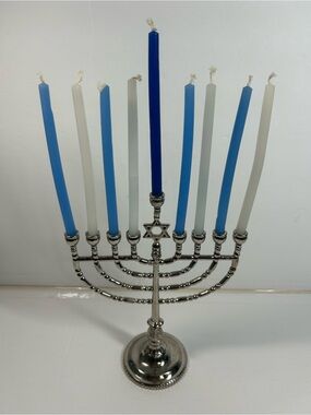 Traditional Hanukkah Chanukah Silvertone 
Menorah by Rite Lite blue white candle